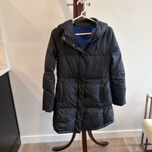 Gap Women Down Hooded Puffer Jacket Mid-Length Black XS